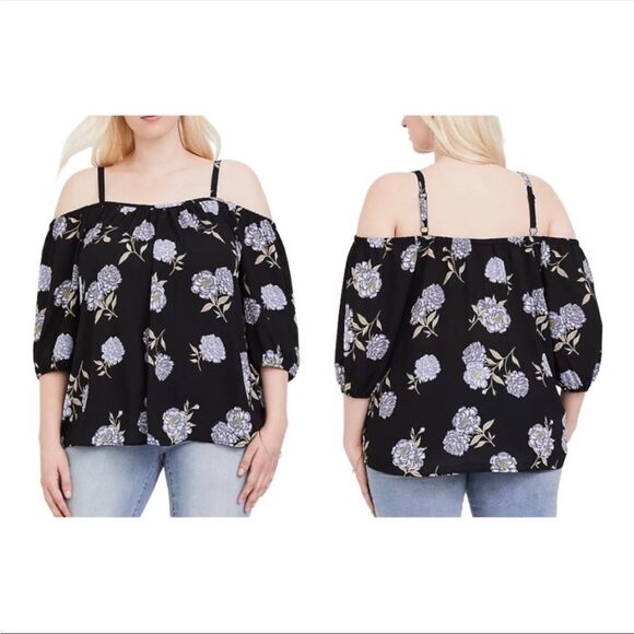 TORRID | Cold Shoulder Black & Blue Floral Georgette Top Women’s Size 3 (3X) - Picture 1 of 12